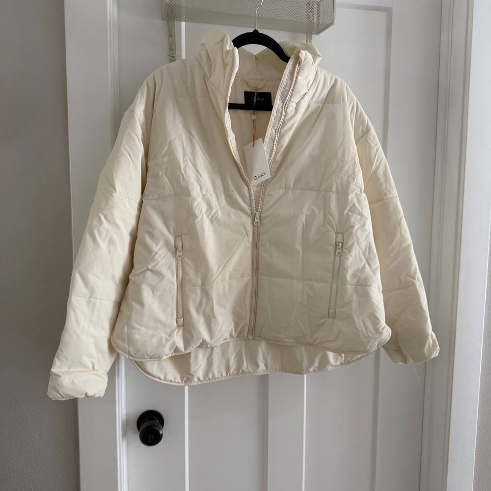 Quince Featherless Puffer Zip Jacket Silken White Recycled Large Minimalist NWT